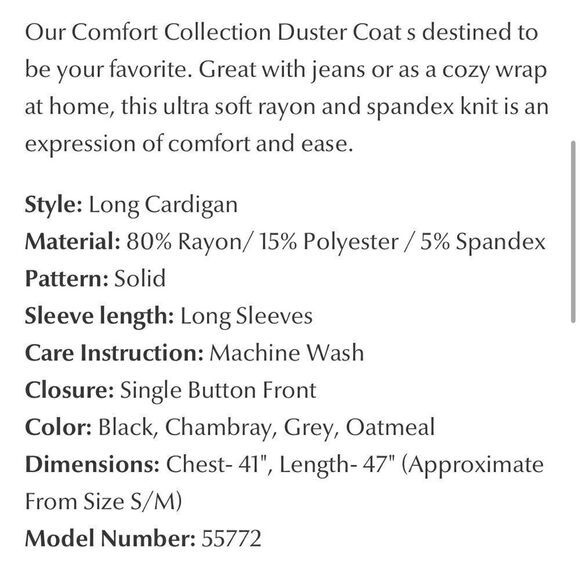 La Cera NWT The Comfort Collection Duster Coat S/M - Picture 2 of 8